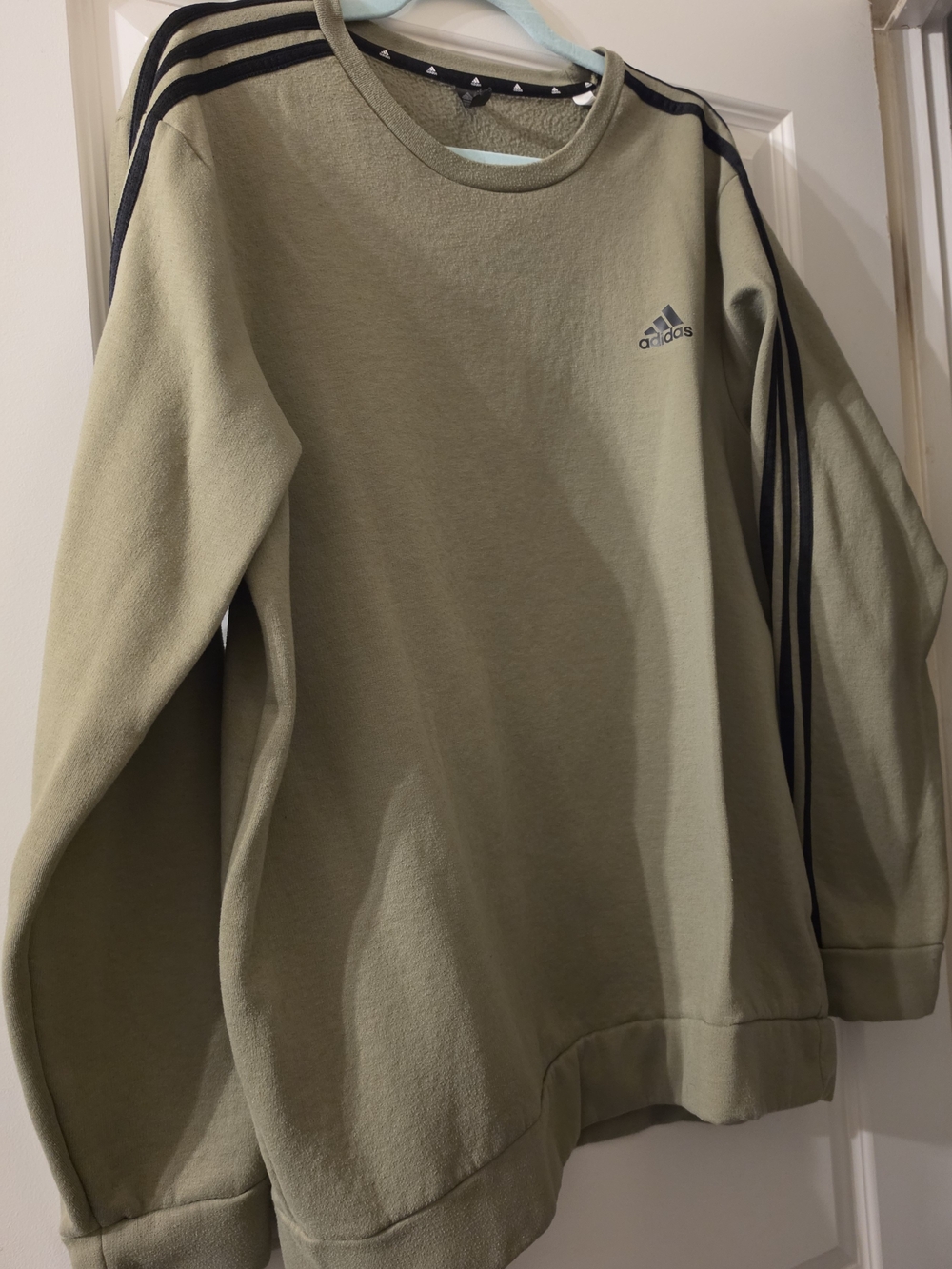 adidas Men's Olive Crewneck Sweater with Black Shoulder Stripes